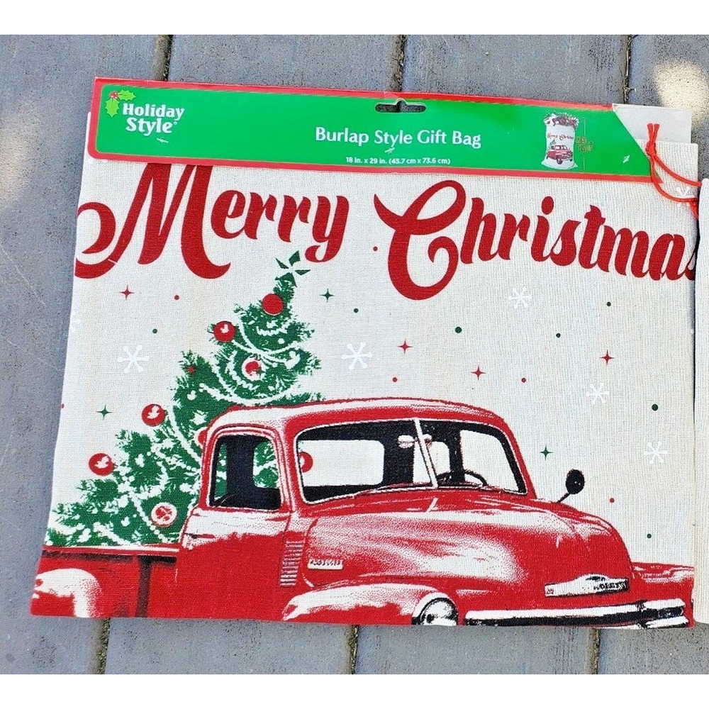 Holiday Style Christmas Red Truck Canvas Burlap Drawstring Bag 18" by 29" New